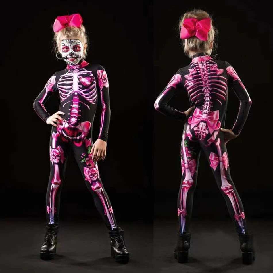 Girls Halloween Scary Skeleton Cosplay Rose Sexy Devil Jumpsuit Party Carnival Scary Children Costume Day Of The Dead Clothes Y240919
