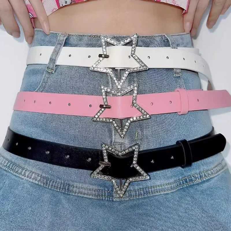 Y2K Womens Belt Pink Black and White Star Belt Denim Star PU Leather Rhinestone Belt Ins Sweet Cool Tight Jeans Belt W240920