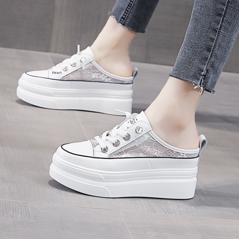 Baotou Half Slippers Female 2024 Summer Internet Celebrity Thick Bottom Sponge Cake Little White Slope Heel Fashion Outerwear Mesh Cool Drag