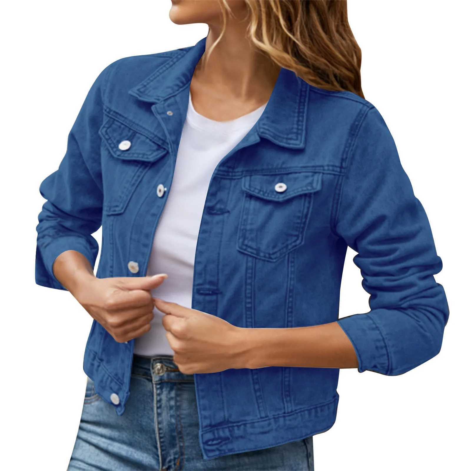 Womens Denim Jacket Coat Basic Solid Color Button Down Cotton Jackets Pockets Vintage Long Sleeve Vintage Casual Outerwear 2023X240920