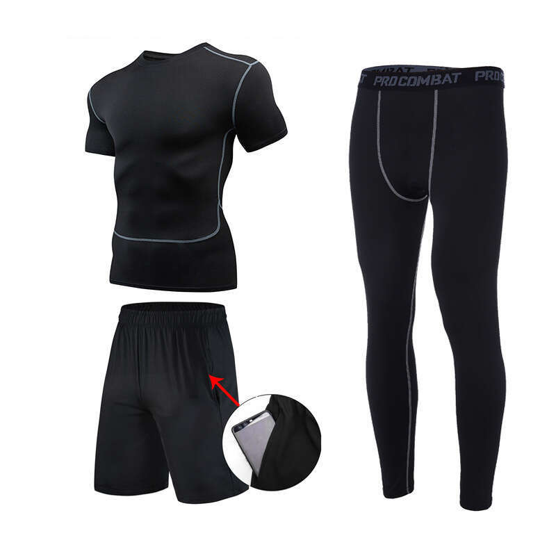 Quick Drying Sports Suit Men's Summer Short Sleeved T-Shirt Fitness Suit Running Equipment Tight Fitting Suit Training Three Piece Set Basketball