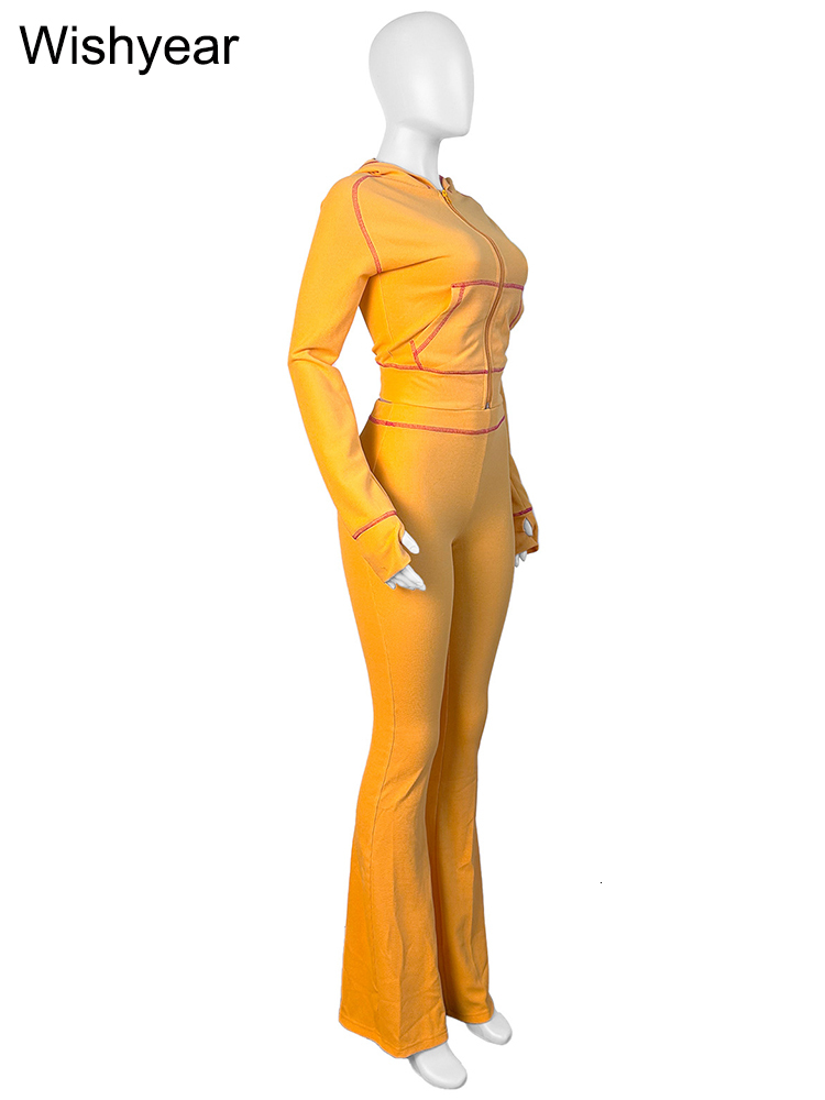 Fashion Yellow Long Sleeve Hooded Crop Jacket Top And Jogger Flare Pants Two 2 Piece Set Women Sweatsuit Tracuit Matching Suit