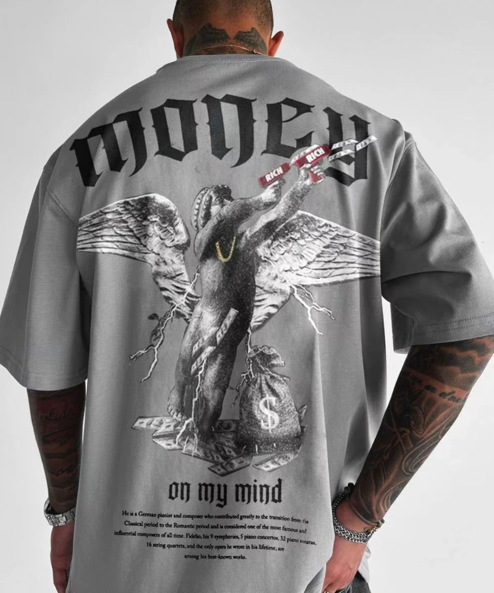 Summer Hot Selg Trendy Men's Loose Fitting T-shirt Money Angel Print Short Sleeved Muscular Round Neck Pure Cotton Top