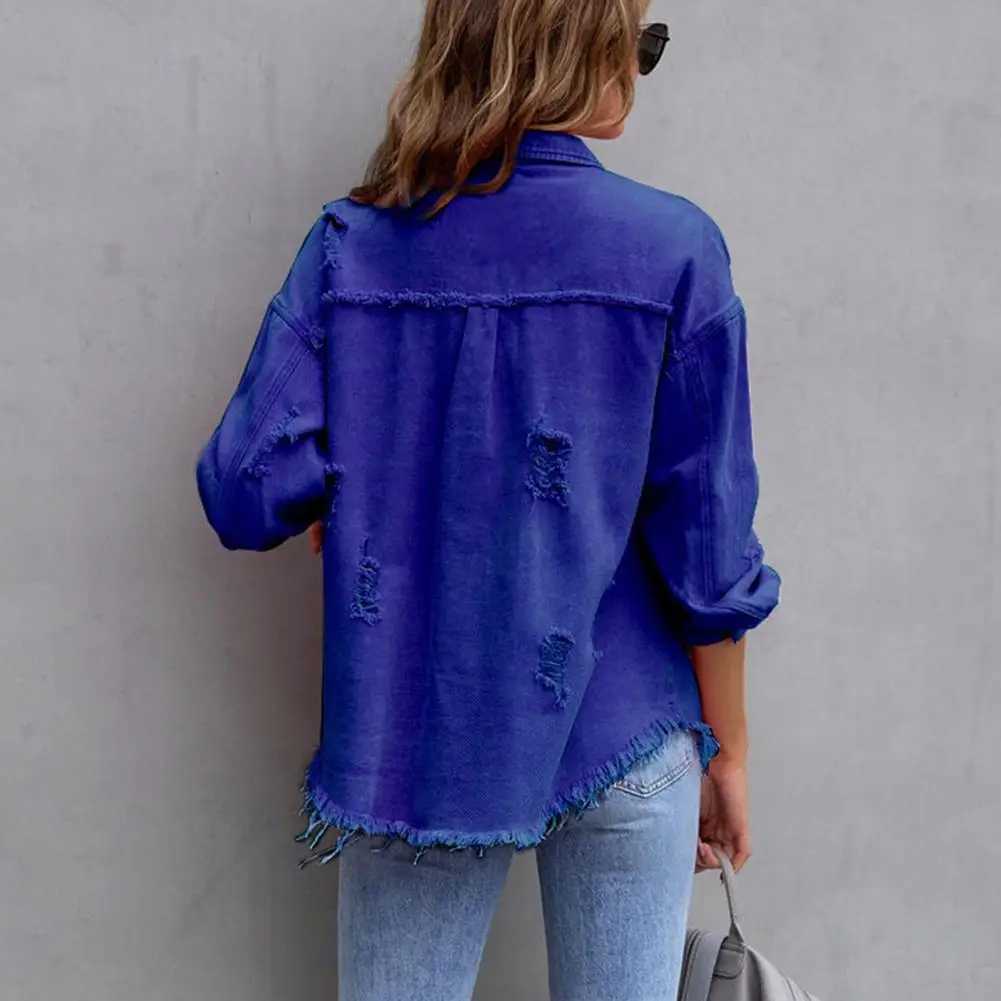 Hip Hop Rough Edges Denim Jacket Ripped Pocket Lapel Long Sleeve Single-breasted Vintage Jeans Jacket Coat Women Spring CoatX240920