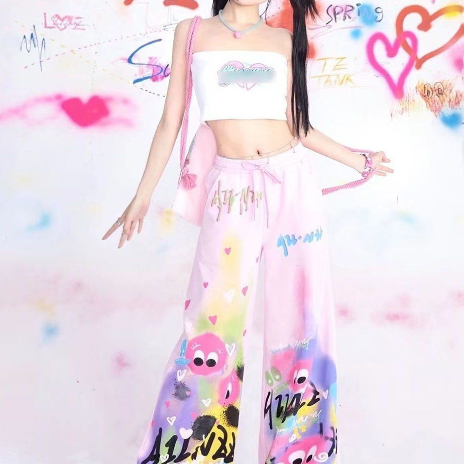 2026 High Street Leg Colorful Rainbow Graffiti Wide Summer Women Style Loose Casual Slim Spring Girls or Length Pants
