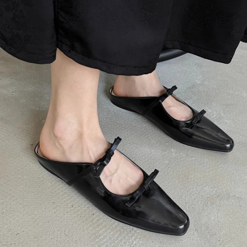 2024 Bow Mary Jane Womens Pointed Shiny PU Leather Flat Ballet Shoes Party Dress Womens Slippers Zapatillas Mujer 240919