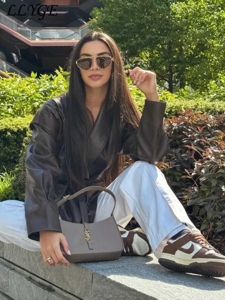 Vintage Womens Leather Jacket With Belt Slim Lace Up Lapel Long Sleeve Locomotive Coat 2024 Autumn Lady High Street Y2k OutwearX240920