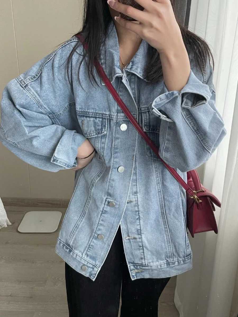 Retro American High Street Blue Denim Jacket Women Autumn Single Breasted Loose Outerwear Female Casual Top CoatX240920