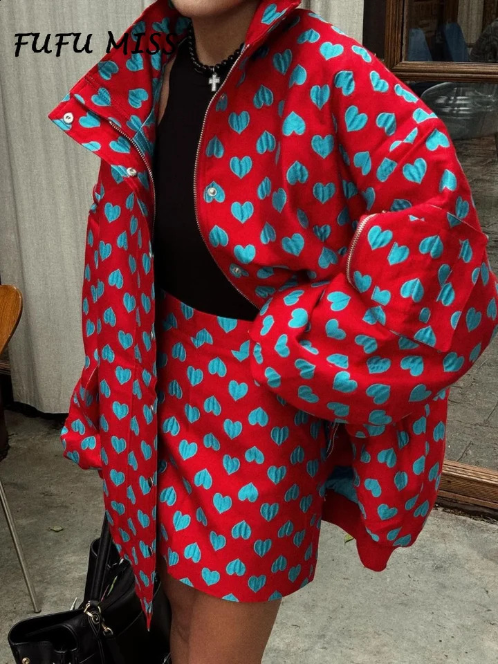 Casual printed cotton jacket womens tight fitting long sleeved zipper pocket jacket A-line tight fitting 2024 Y2k womens clothing 240919