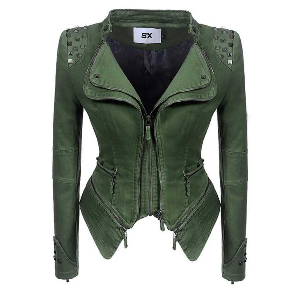 Plus Size Punk Rivet Short Denim slim Jackets Women Wash Long Sleeve Vintage Casual Studs Jean Outerwear Lapel Bomber Slim CoatX240920
