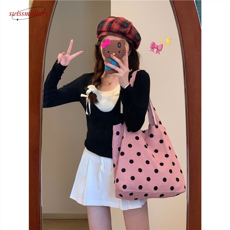 Early Spring Pink Polka Dot Tote Versatile Sweet and Cute College Student Classroom Canvas Single Shoulder Bag 2024 New#19 Swissmilitary