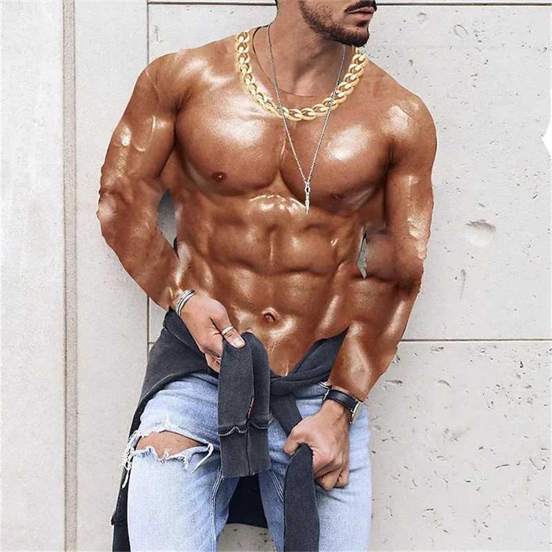 Muscle Tattoo Graphic Long-sleeved T-shirt Langlong Sportswear Sun Protection Clothing Gym Tops Street Mens Long Sleeve T-shirtX240919