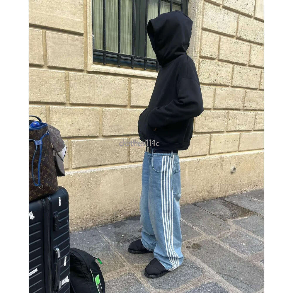 Distressed Striped Loose Blue Jeans 2024 Korean Version Y2k High Waist Fashion Casual Straight Pants Classic Simple Trousers