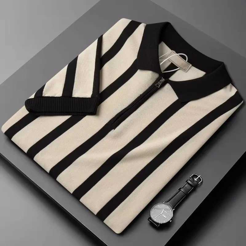Mens Light Luxury Patchwork Knitted Polo Shirt Leisure Turn Down Collar Zippers Short Sleeve T-Shirt Breathable KnitwearX240920