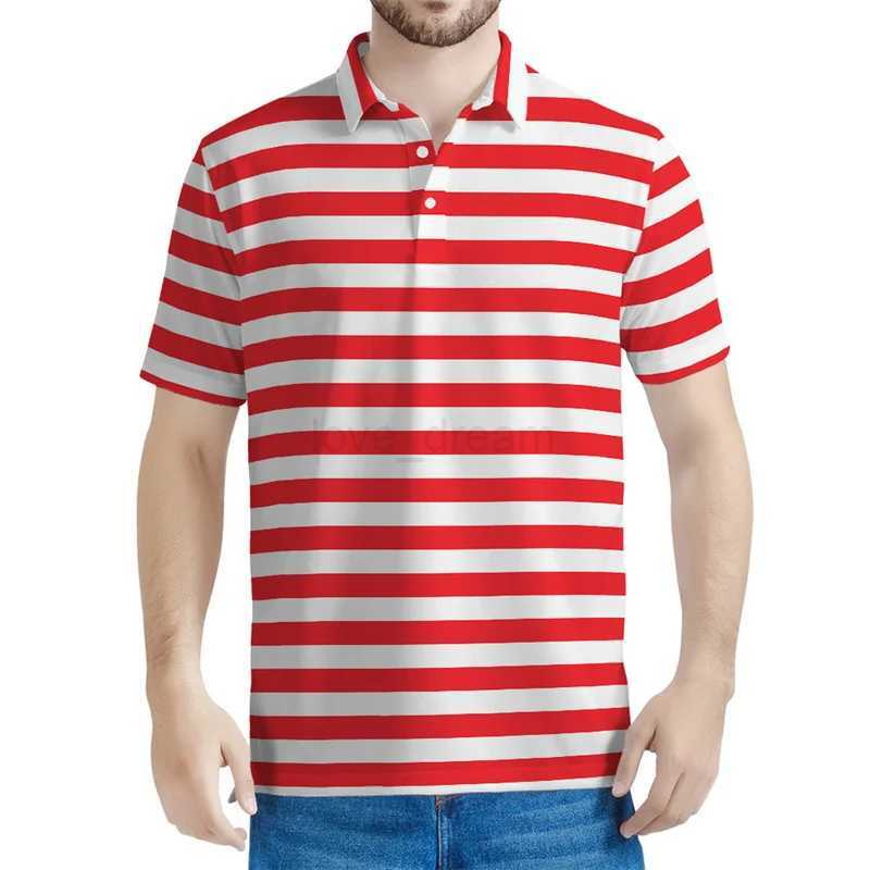 Fashion Geometric Pattern Polo Shirt Men Summer Colorful Striped 3D Printed Short Sleeves Tops Casual Lapel Tees Button T-shirtXJ240920