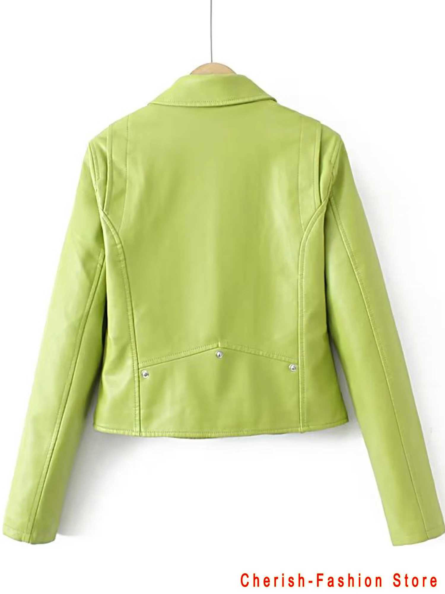 Fashion Green Gecko Biker Leather Jacket Long Sleeve Zipper Colored Stylish Outerwear for Women Fashion 2023 Faux Leather JacketX240919