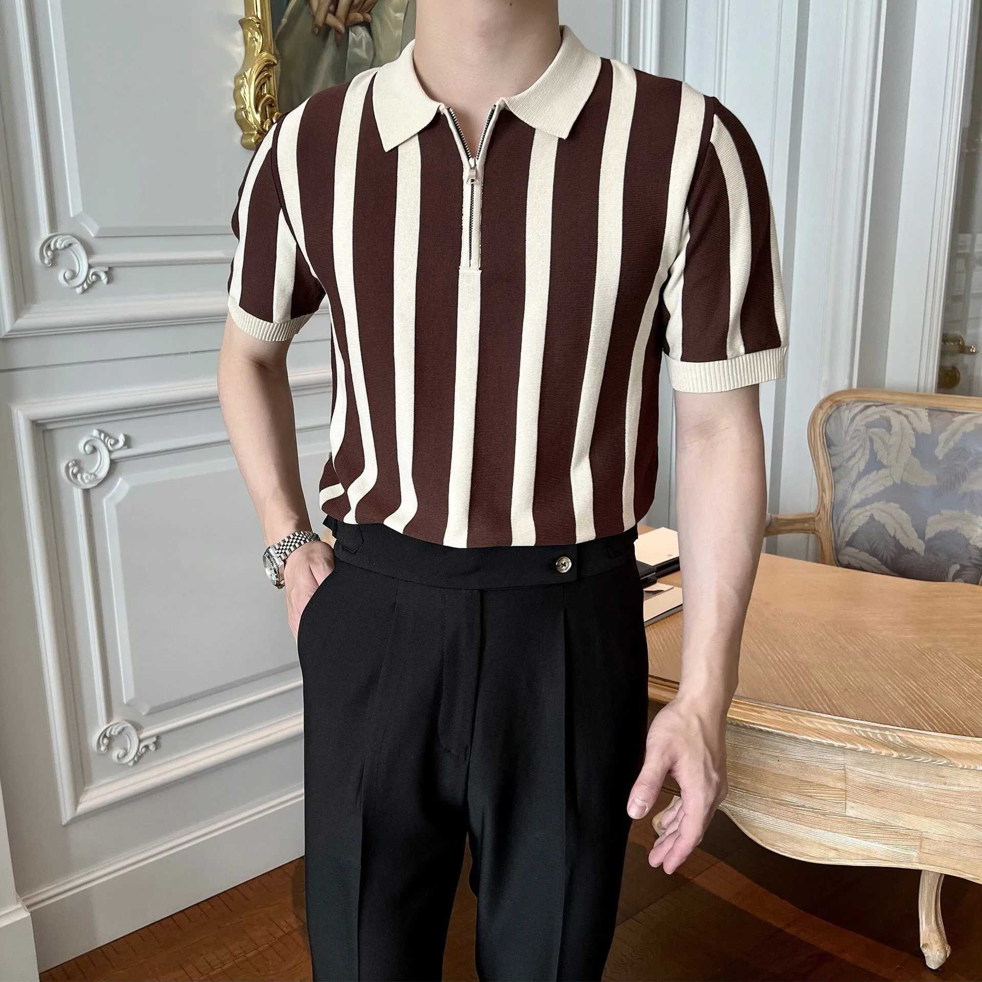 Mens Clothing Leisure Light Luxury Knitted Polo Shirt Korean Striped Zipper Short Sleeve Retro Breathable Fashion Knitwear TeesX240920
