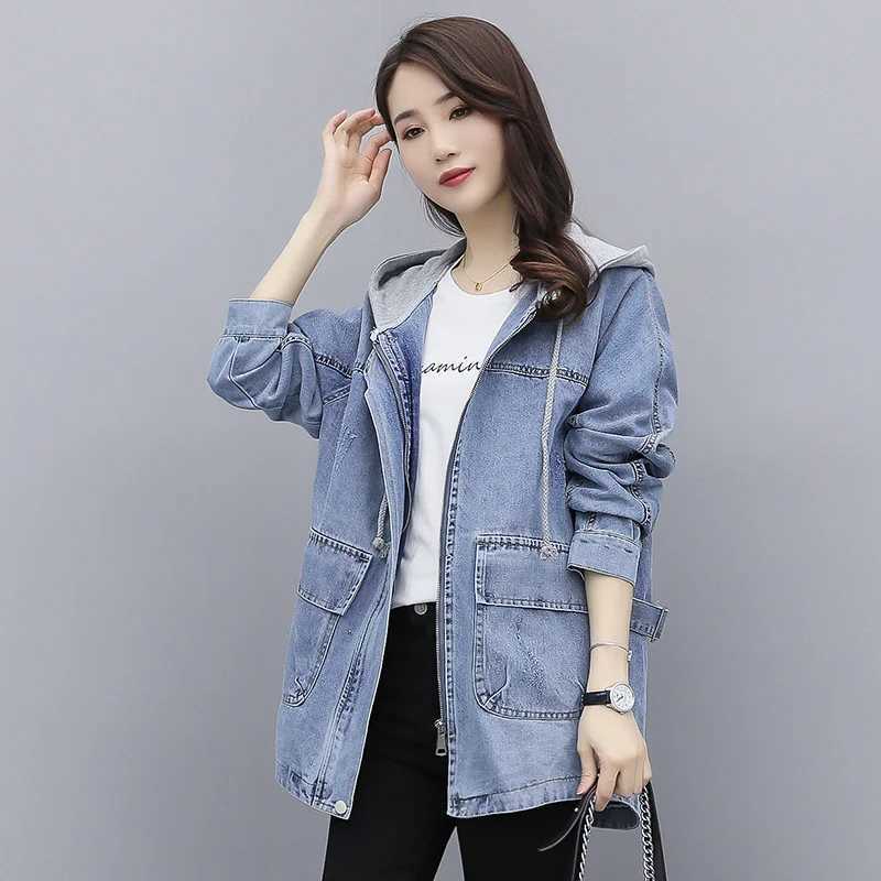 2024 New Autumn Womens Denim Jacket Long Sleeve Casual Jeans Coat Hooded Loose Turn Down Collar Overcoat Femme OuterwearX240920