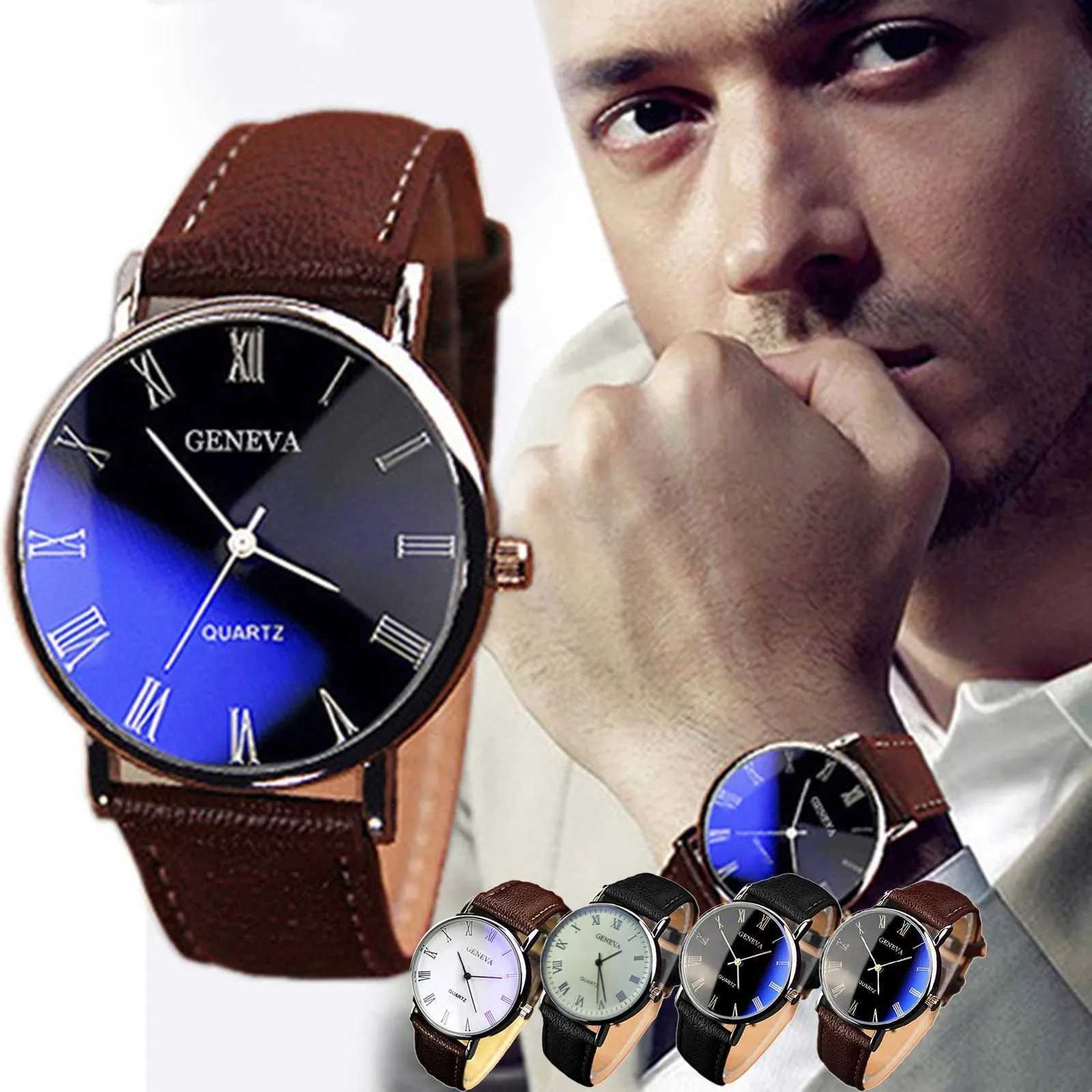 Classic Leather Strap Watch For Men Fashionable Blue Light Roman Scale Watch Quartz Watch Business MenS Casual Versatile WatchX240920