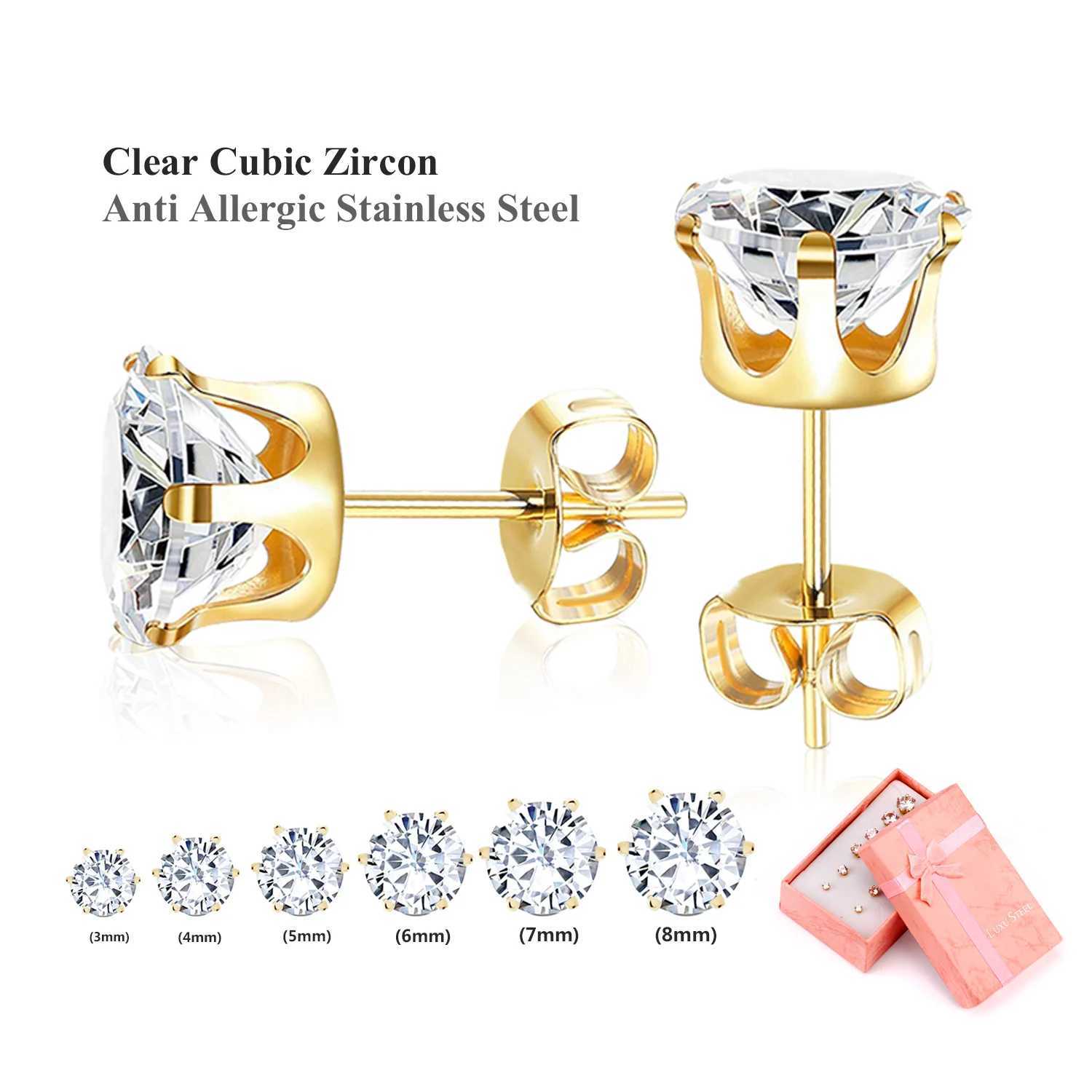 LUXUSTEEL 6 Pair/Set CZ Stud Earrings Stainless Steel Round White Cubic Zirconia Low Allergy 6-Claw Earrings Fashion Jewelry W240919