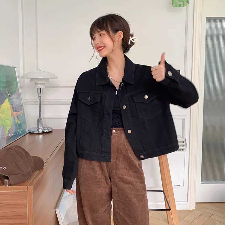 Black Denim jacket women elegant retro long style lapel loose denim jacket long sleeved shirt top for women winter clothes womenX240920