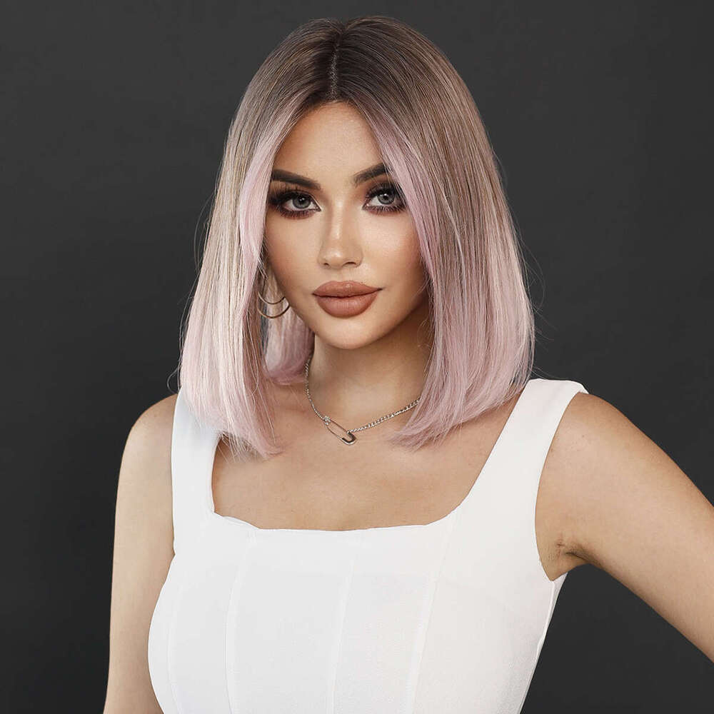HD Transparent Front Wig High Density Synthetic Short Straight Pink Brown Bob With Dark Roots Layered T Part Lace Wigs