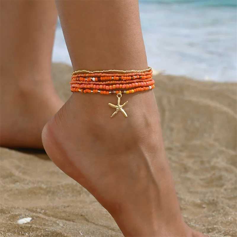 Colorful Starfish Pendant Rice Beads Beaded Anklet for Women Summer Fashion Multi-layer Bracelet Anklet Bohemian Leg Jewelry Y240920