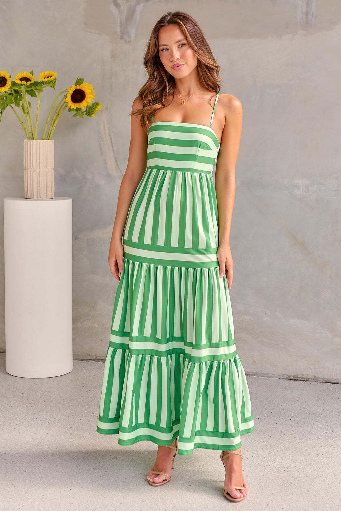 2024 New Dress Women's Summer European and American Stripe Printed Strap with Open Back Pocket Large Swing Skirt