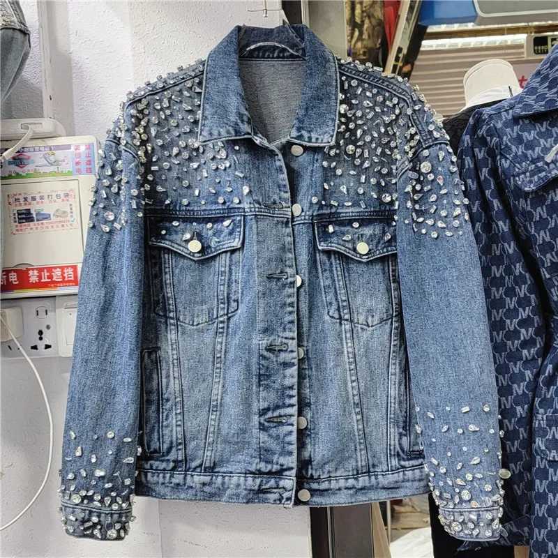 Retro Crystal Denim Coat Diamonds Beaded Jeans Bomber Jacket Cardigan Gemstones Cowboy Rhinestones Streetwear Tops ChaquetasX240920