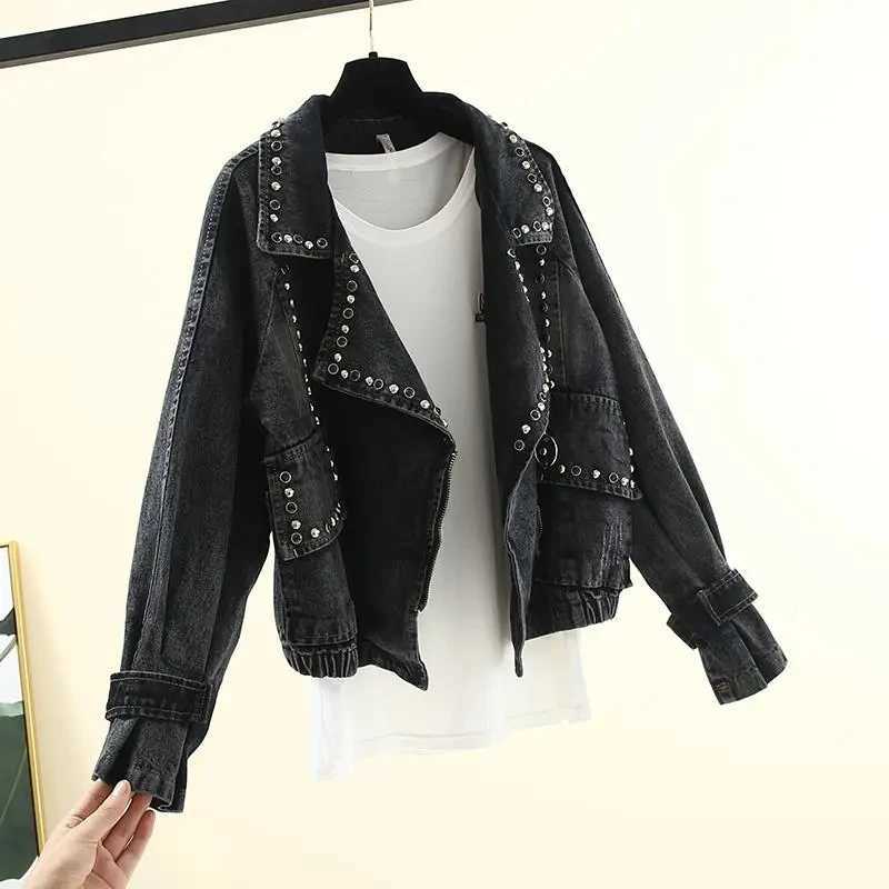 Turn-down Collar Nail Bead Denim Jacket Women Loose Zipper Outwear Jean Coat Female Spring And Autumn Jacket Blue Black JacketsX240920