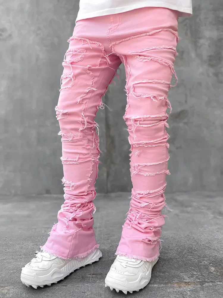Mens streetwear ripped jeans fashionable cool stretch pink stacked edge denim pants mens Y2K punk patch work hip-hop pants CL240912