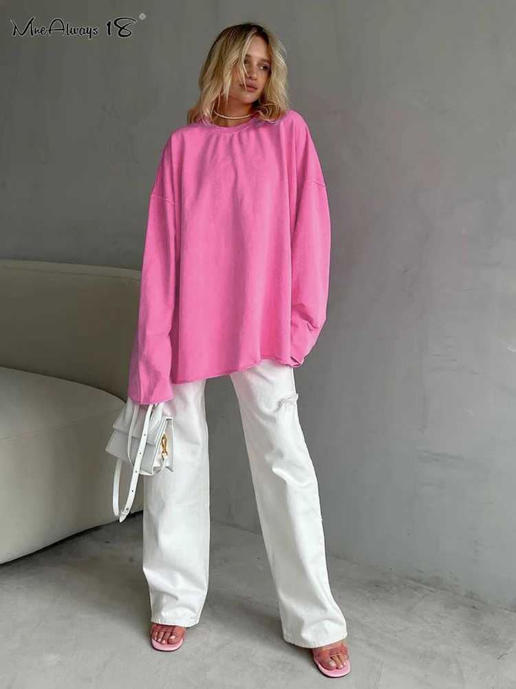 Mnealways18 Pink Oversize Tee Shirts Streetwear Round Neck Long Sleeve Casual Pullover Tops Women Autumn Thin T-Shirts Lady M240920
