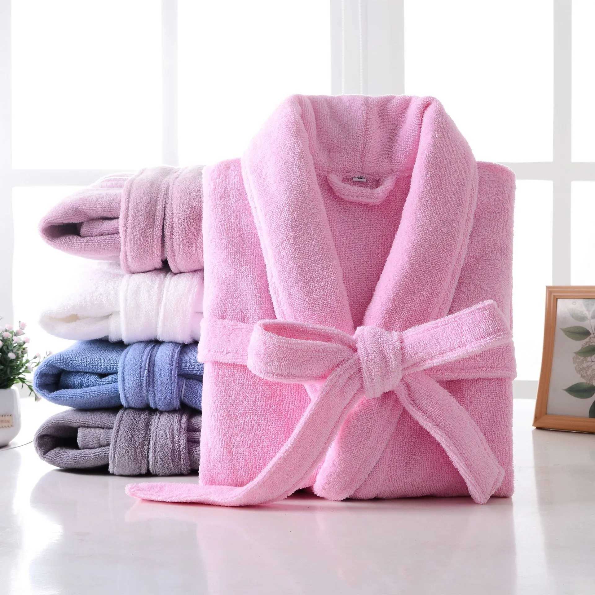 Homewear 100% Cotton Thinkening Toweling Terry Robe Winter long Robe couples man Bathrobe Soft Sleeprobe Casual blue Y240919