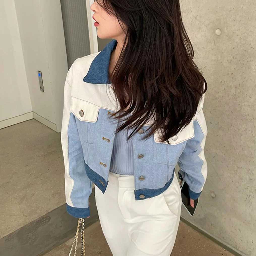 Autumn Fashion Patchwork Denim Jacket New Lapel Contrast Color Casual Traff Woman 2024 Coat Long Sleeves Slim Womens JacketsX240920