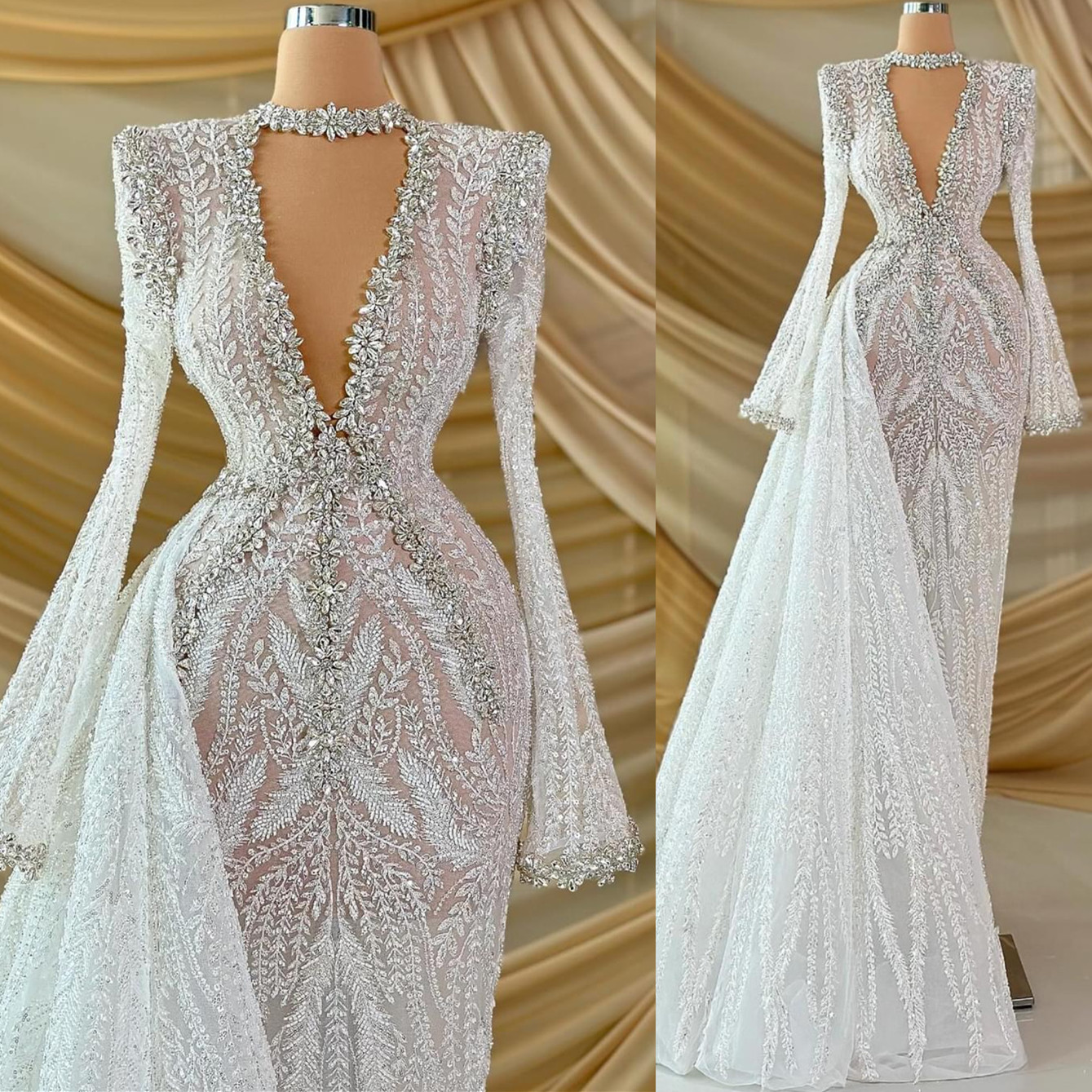 2024 Arabic Aso Ebi Plus Size Off White Lace Mermaid Wedding Dresses Rhinestones Full Sleeves Vintage Bridal Gowns Dress ZJ444