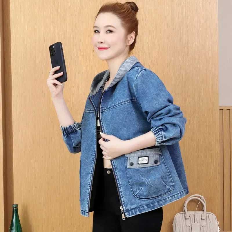 Womens Loose Denim Coat Korean Style Hooded Long Sleeve Jacket Woman 2024 Spring Autumn Vintage Casual Jean Tops MujerX240920