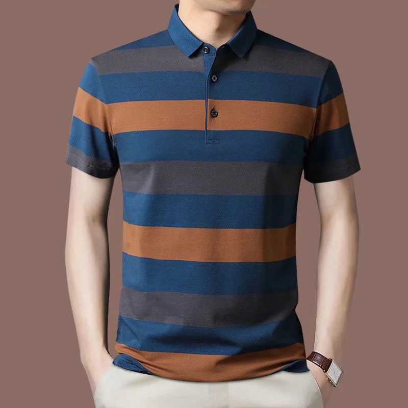 Fashion Men Summer New Striped Polo Shirts Short Sleeve Button Knit Lapel Pullover Business Casual Mens Loose Clothing Top 2022X240920
