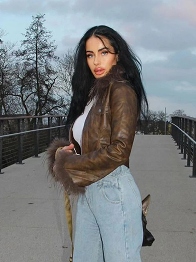 Y2k Women Crop Leather Jacket With Feather Locomotive Patchwork Turn-down Collar Long Sleeve Female Coat Autumn Slim Lady Tops 240920