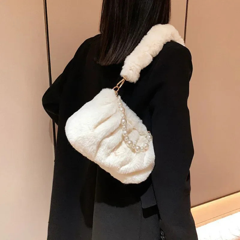 2025NEW Winter High Quality Plush Bags Fashion Versatile Zipper Shoulder Natural Pearl fashion trend Chain Underarm Bag Women Handbags fashion Beige B