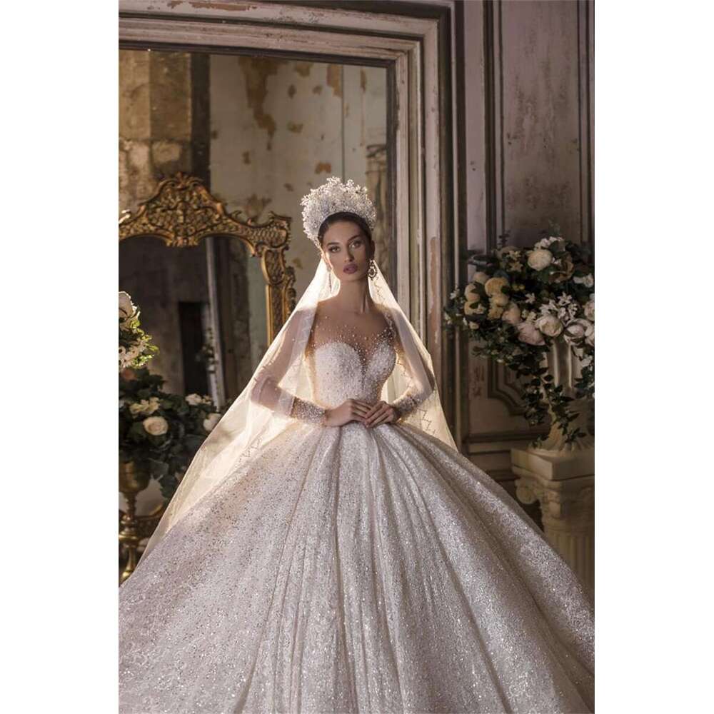 Pearls Elegant Wedding Dresses Sequins Long Sleeves Bridal Gowns Or Length Vestido De Novia