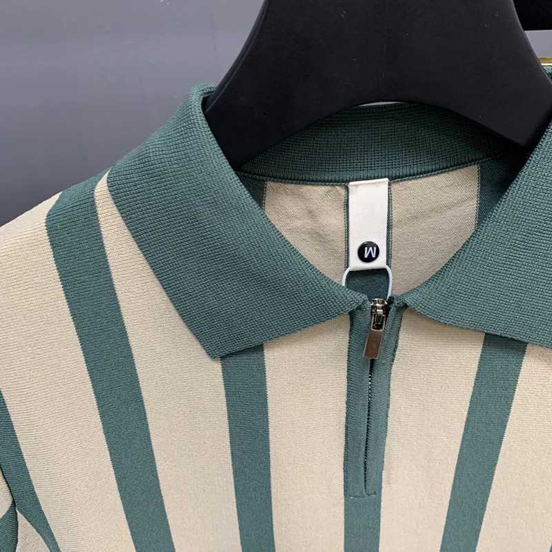 Mens Clothing Light Luxury Knit Striped Zipper Polo Shirt Business Leisure Short Sleeve Korean Popular Retro Knitwear M-3XLX240920