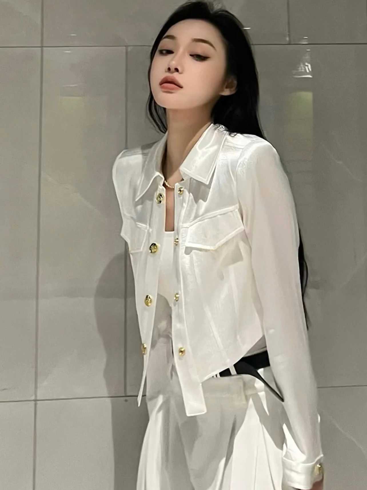 Korean Women Metal Buckle Irregular Satin Jackets Crop Tops Female Casual Sun Protection Clothing Coats White All-matched JacketX240920