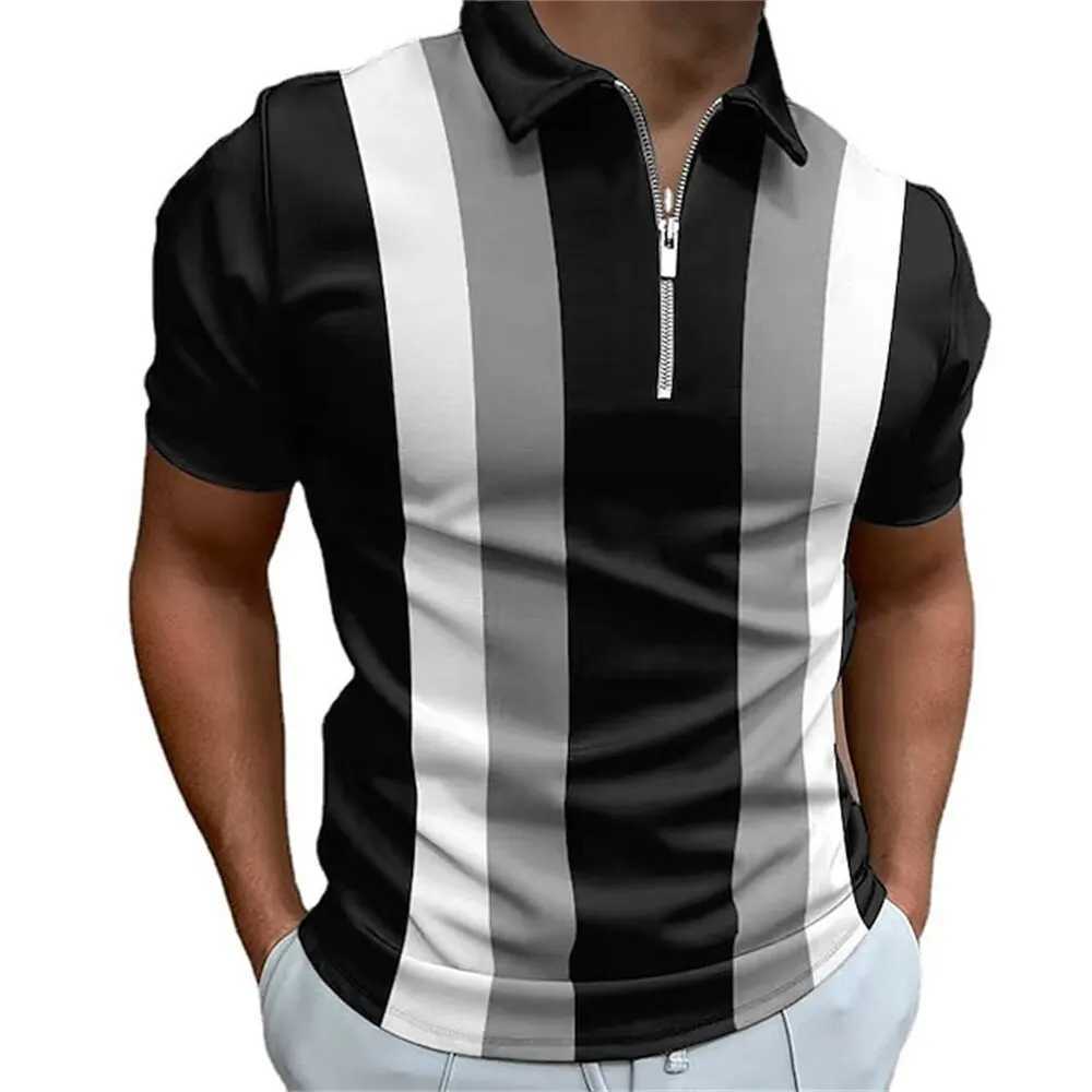 Basic Style Stripe Printed Mens Polo Shirt Half Zip Up Short Sleeve Polo Shirts For Men Multicolor Causal Mens Clothing SummerX240920