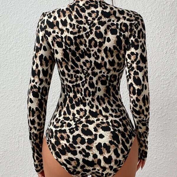 Hallowmas Womens small stand up collar long sleeved fashionable leopard print tight fitting spicy girl style jumpsuit top