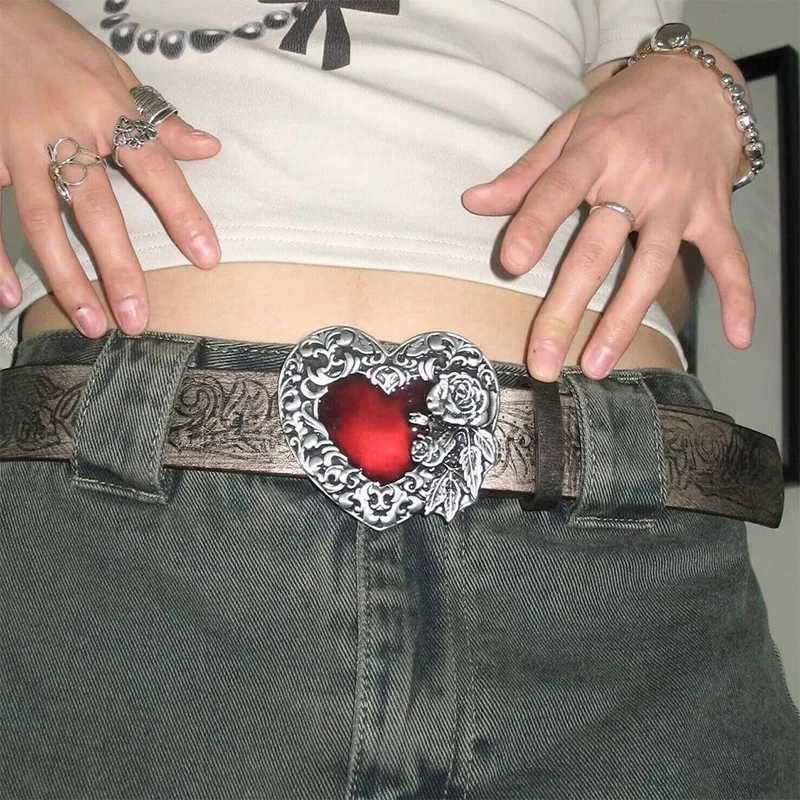 Gothic Punk Leather Y2k Belt For Women Metal Red Peach Heart Flower Buckle Waist Strap Jeans Decorative Waistband Accessories W250120