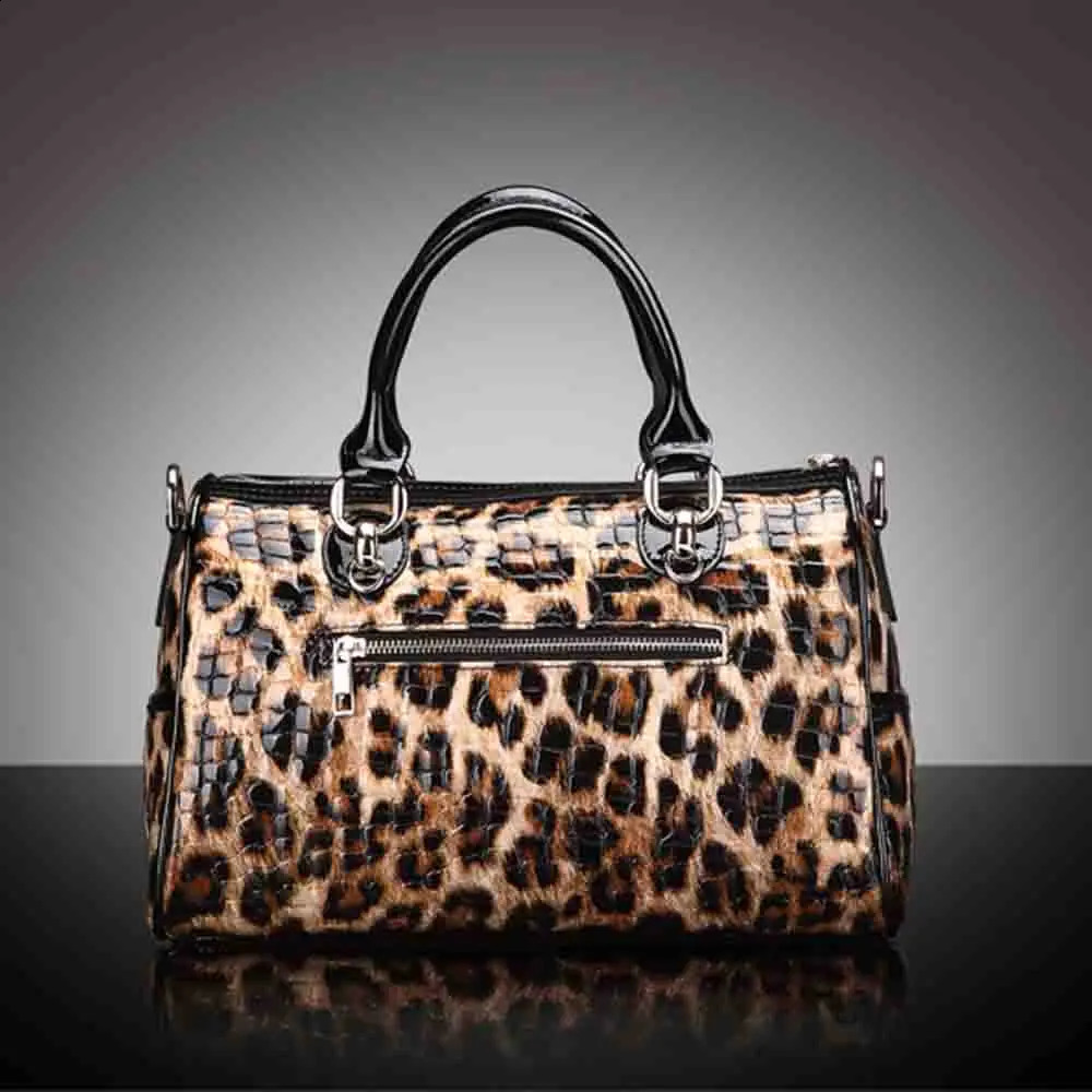 Leopard Print Patent Handbag Genuine Leather Boston Crossbody Pack For Women Large Capacity Female Tote Shoulder Bag 240913