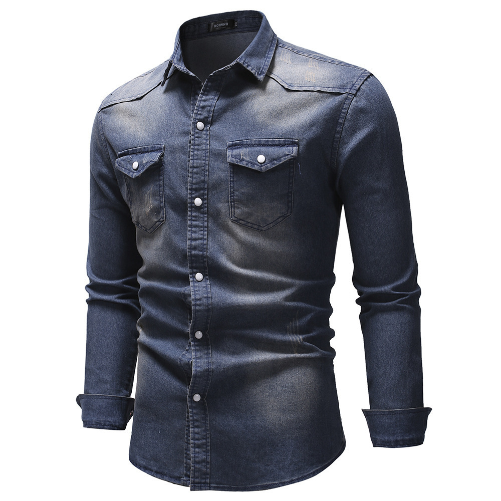 New men's slim fit casual European size minimalist long sleeved denim shirt