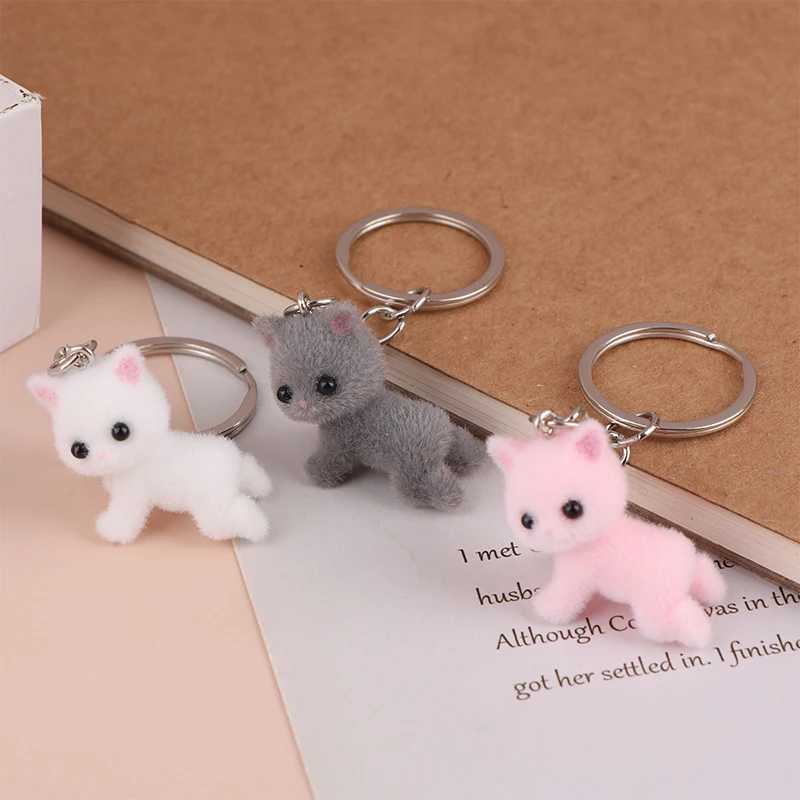 Cartoon 3D Flocking Lying Cat Keychain Cute Lying Down Kitten Animal Keyring Pendant DIY Backpack Charms Car Bag Decor Toy GiftsX240919