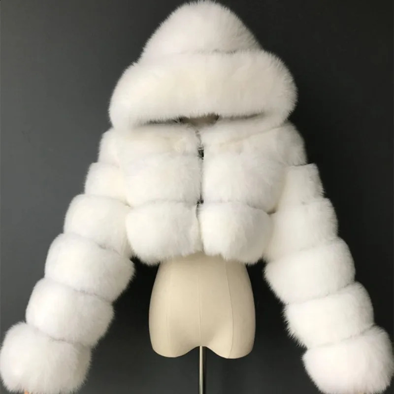 Autumn Furry Cropped Faux Coats Jackets Women Fluffy Top Coat Hooded Straight Short Winter Fur Jacket Fashion Streetwear 240919