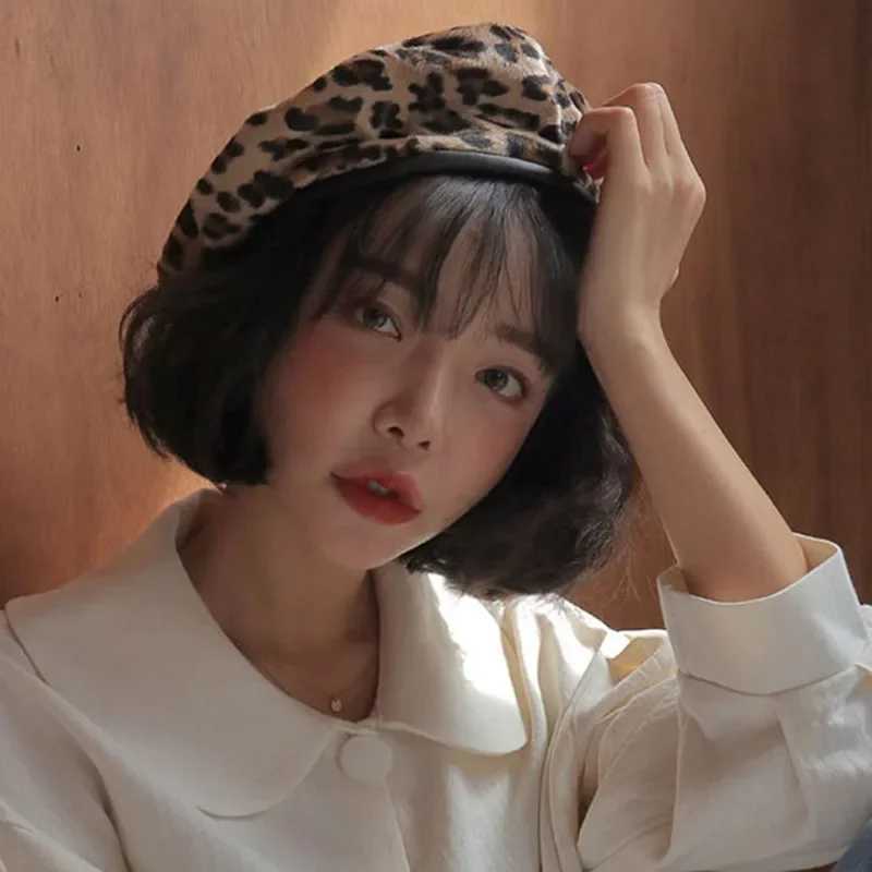 Leopard Beret Female Autumn Winter Hats For Women Vintage Painter Flat Cap Boina Feminina Fashion PU Leather Brim BeanieX240919